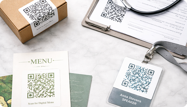 Collection of QR code use cases including menus and shipping labels